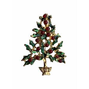 Vintage Red and Green Enamel Gold Tone Holiday Christmas Tree and Holly Brooch